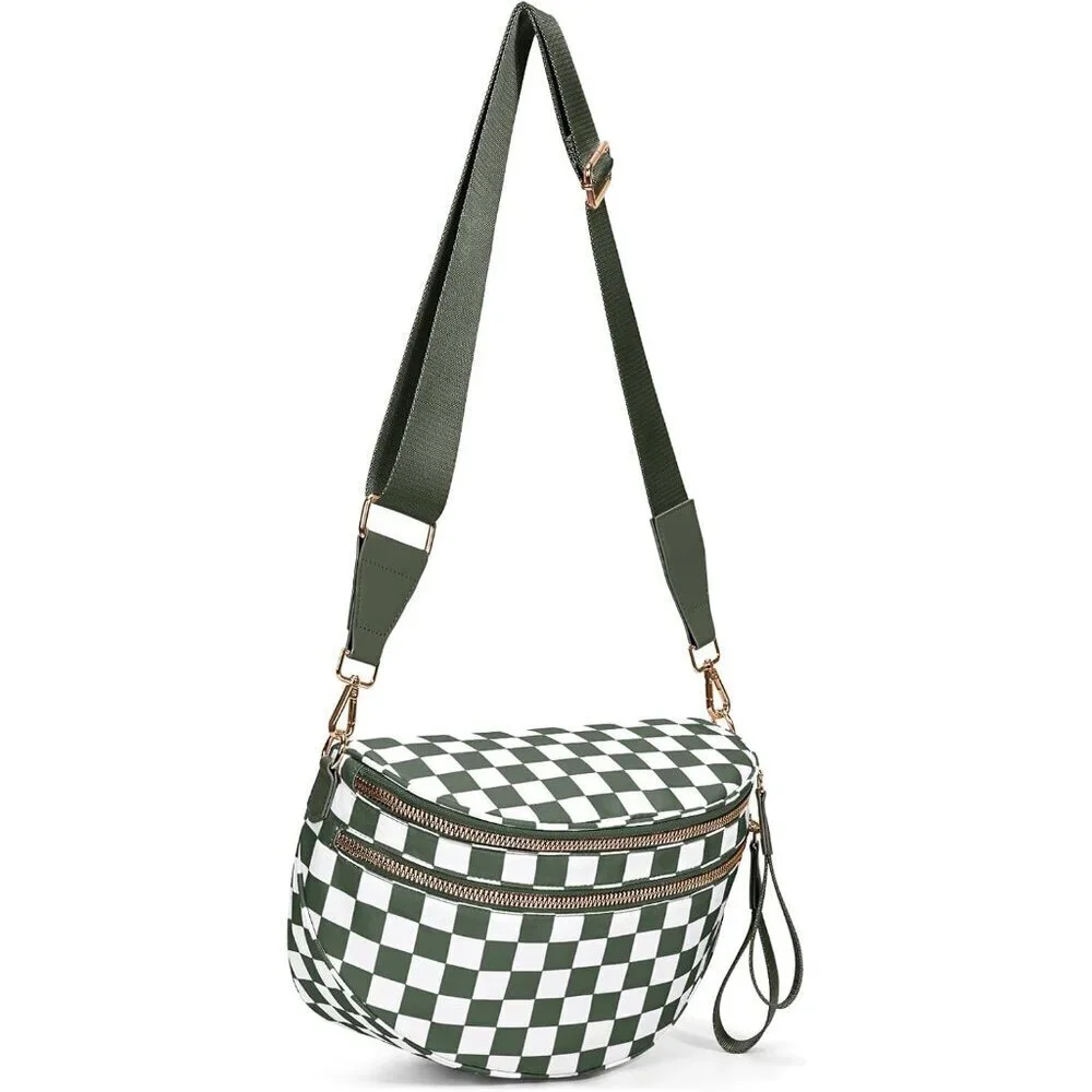 Checkered Nylon Crossbody Bag for Women Adjustable Strap Waterproof